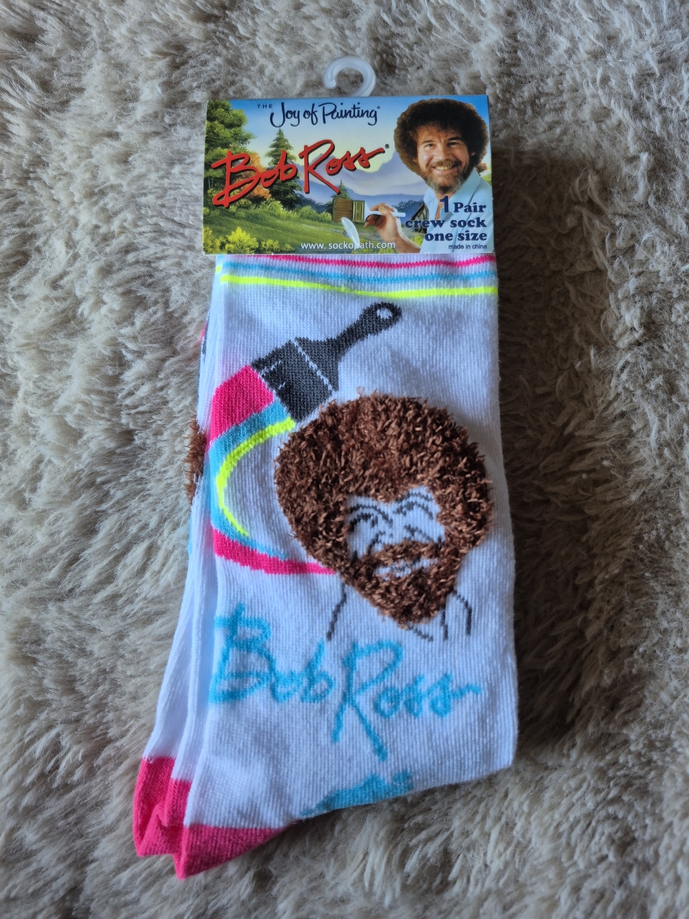Bob Ross Crew Socks ☆ Men 8-12, Women 9-14 Brown, Pink & Teal Accents